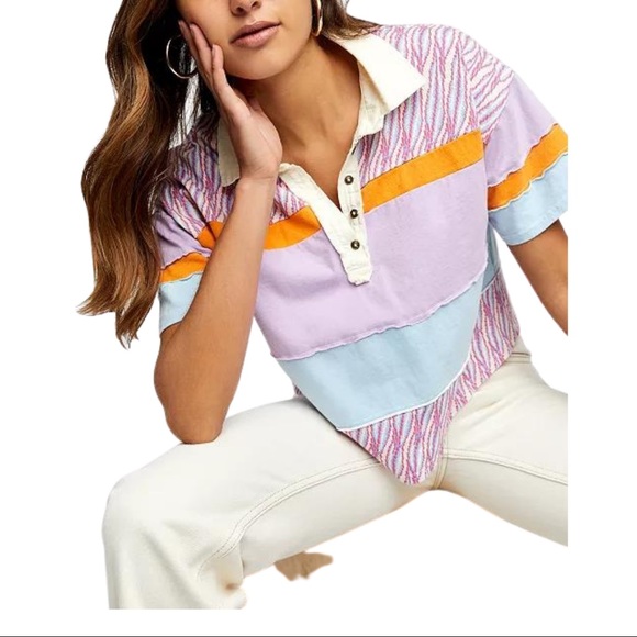 Free People Tops - Free People Mixed-Media Polo Shirt